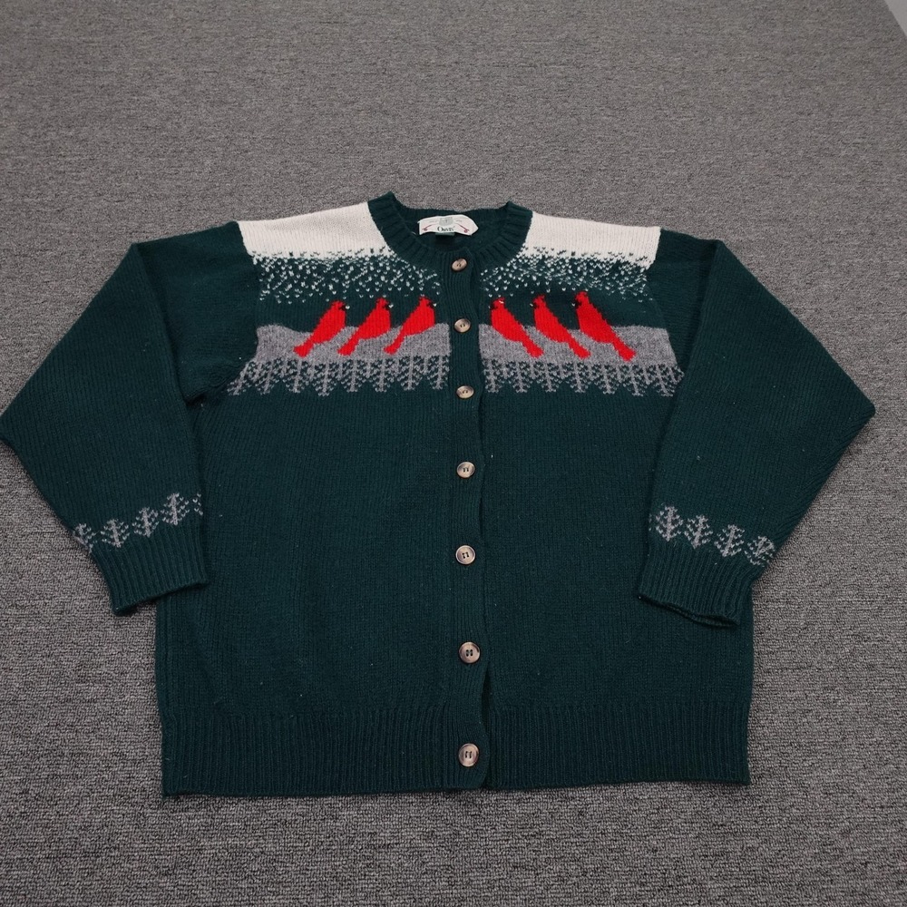 Vintage Orvis Sweater Womens XL Green Wool Fair Isle Cardinal Bird Knit Cardigan